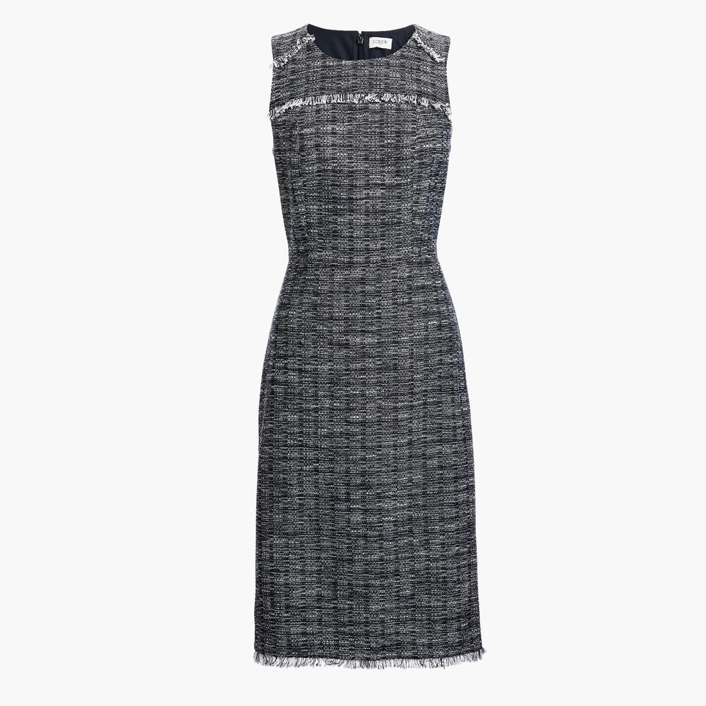 J Crew Womens Tweed Fringe Sheath Dress Sleeveless Blue White Size 12